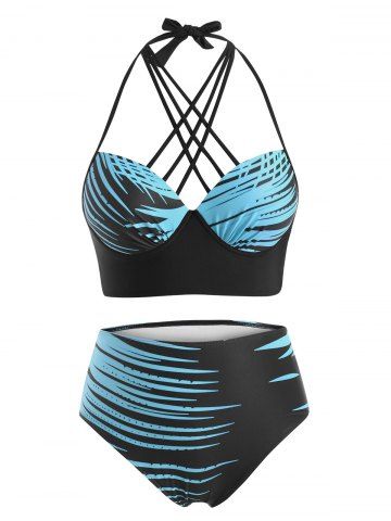 Talla grande Halter Lattice Resumen Imprimir Push Up Bikini Swimwear - LIGHT BLUE - 5X