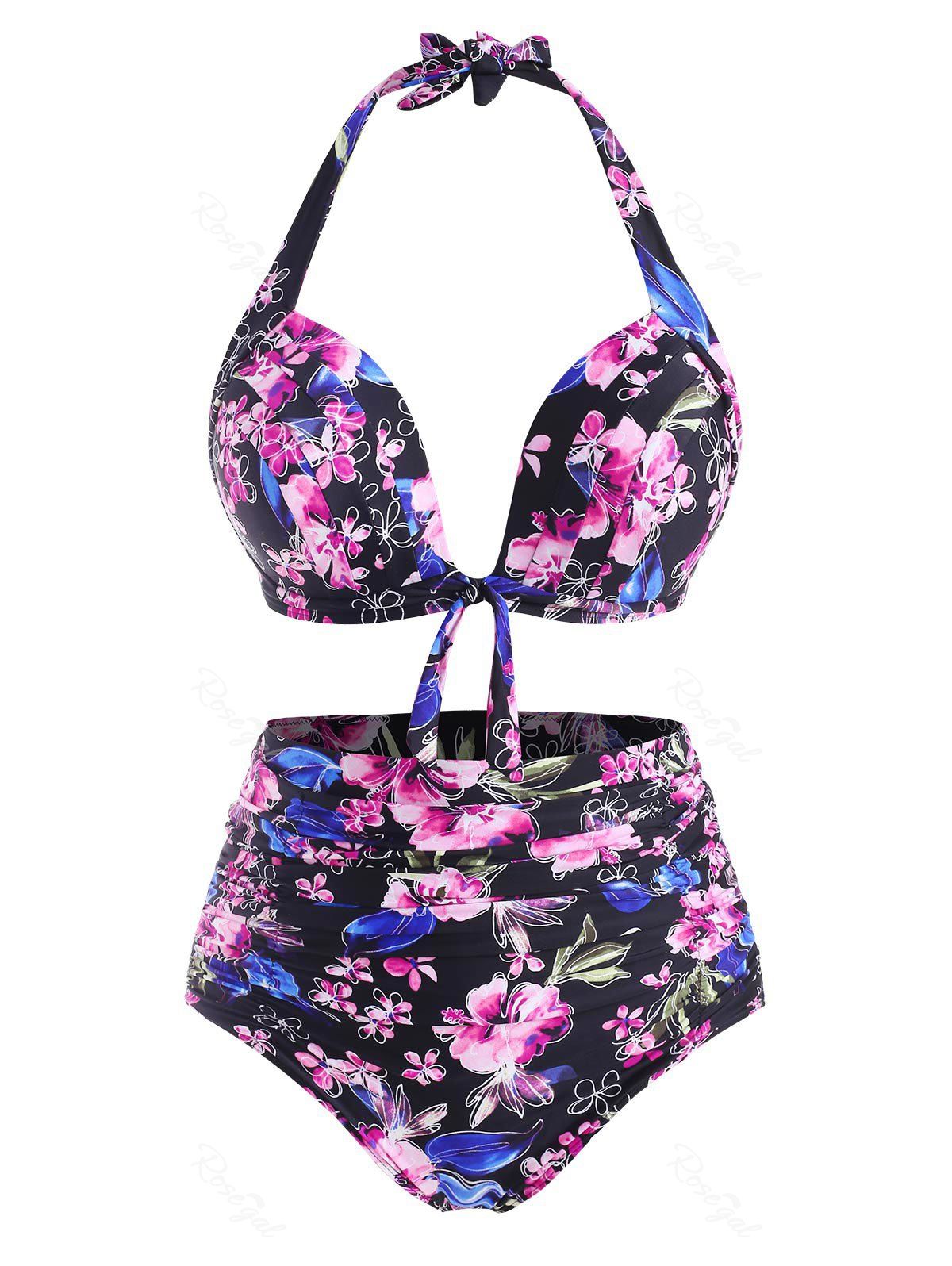 Plus Size S-5XL Women Swimsuit Tummy Control Swimdress+Briefs Floral Swimwear