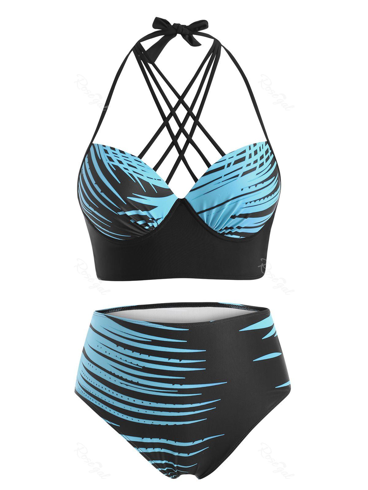 Trendy Plus Size Halter Lattice Abstract Print Push Up Bikini Swimwear  