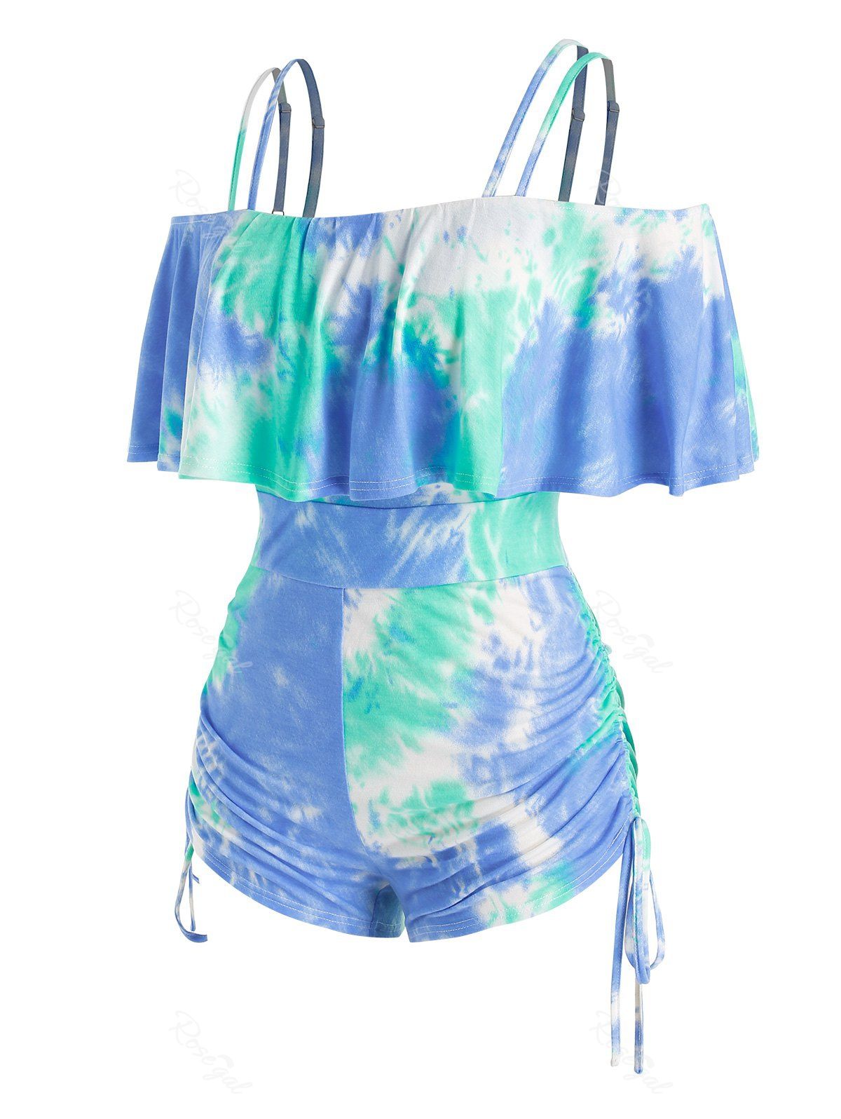 Rosegal Plus Size Cinched Cold Shoulder Tie Dye Romper