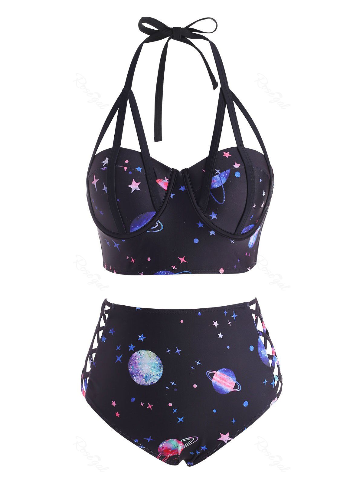 Online Halter Planet Print Lattice Strappy Underwire Bikini Swimwear  