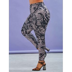 

Plus Size Allover Flower Print Skinny Leggings, Black