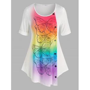 

Plus Size Butterfly Print Tunic Irregular Tee, White