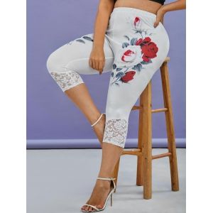 

Plus Size Rose Print Lace Panel Cropped Leggings, White