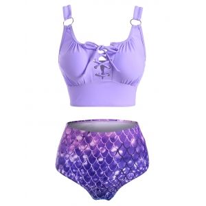 

Lace Up O Ring Mermaid Print Tankini Swimwear, Light purple