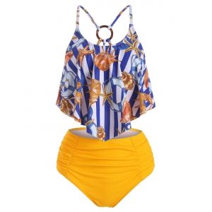 

Starfish Shell Print Striped High Waisted Tankini Swimwear, Multi