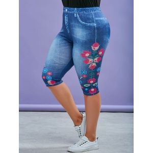 

Plus Size Floral 3D Denim Print Capri Jeggings, Blue