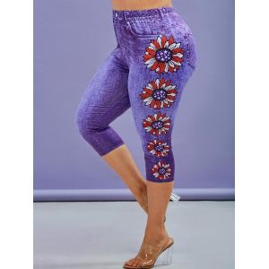 

Plus Size Floral Stars Print Capri Jeggings, Blue