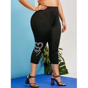 

Plus Size Rhinestone Heart Detail Skinny Capri Leggings, Black