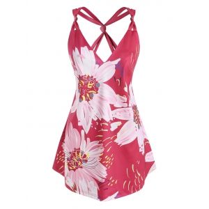 

Plus Size Flower Pattern Knot Straps Cutout Tunic Tank Top, Light pink
