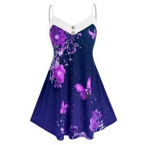 

Plus Size Galaxy Flower Butterfly Backless Cami Tunic Top, Deep blue