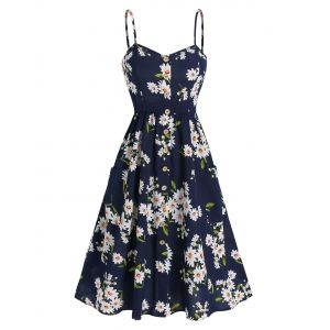 

Button Up Flower Printed Slip Dress, Deep blue