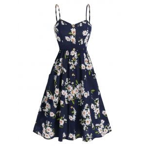 

Button Up Flower Printed Slip Dress, Deep blue