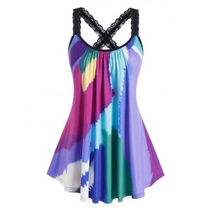 

Plus Size Tie Dye Lace Criss Cross Tunic Tank Top, Multi