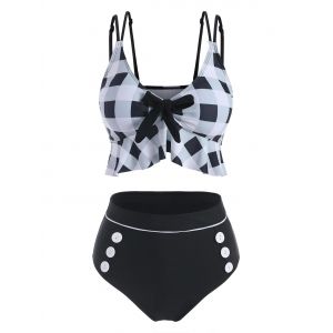 

Plaid Sailor Style Flounced Tankini Swimwear, Black