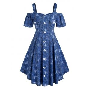 

Plus Size Buttons Denim Pattern Midi Dress, Deep blue