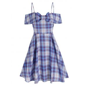 

Bowknot Plaid Printed Cold Shoulder Dress, Light blue