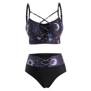 

Sun Star Moon Print Crisscross Tankini Swimwear, Black