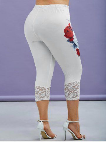 

Plus Size Rose Print Lace Panel Cropped Leggings, White