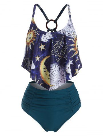 Sun Star Galaxy Flounces High Waisted Tankini Swimwear - MULTI - S