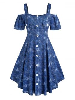 Plus Size Buttons Denim Pattern Midi Dress - DEEP BLUE - L