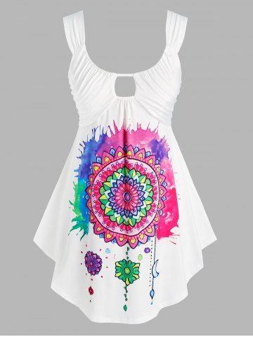 Plus Size Keyhole Ruched Floral Tank Top - WHITE - 4X