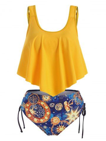 Galaxy Sun Planet Cinched Strappy Tankini Swimwear - YELLOW - S