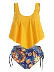 Maillot de Bain Tankini Galaxie Planète à Bretelle à Lacets - Jaune XXL