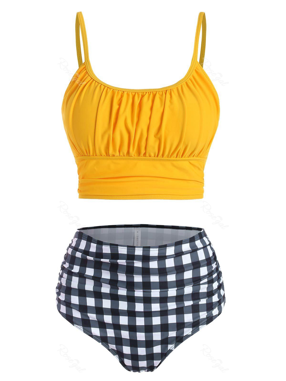Maillot de Bain Bikini Plissé Au Poitrine en Vichy Jaune M
