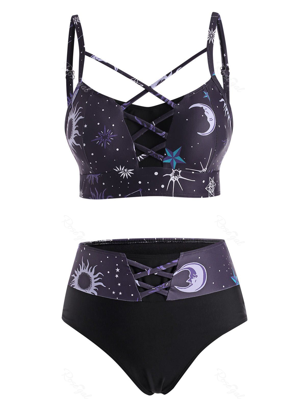 Fancy Sun Star Moon Print Crisscross Tankini Swimwear  