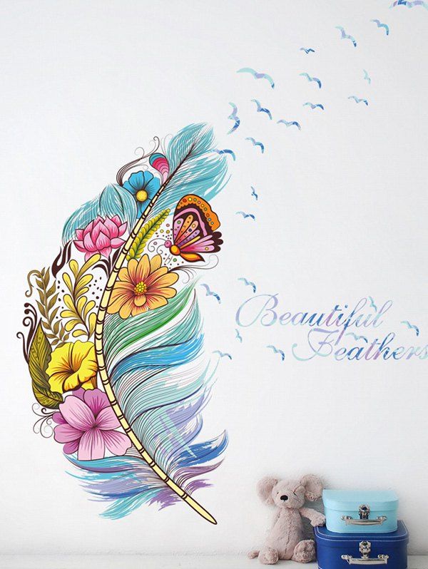 

Colorful Floral Butterfly Feather Pattern Wall Sticker, Multi-a