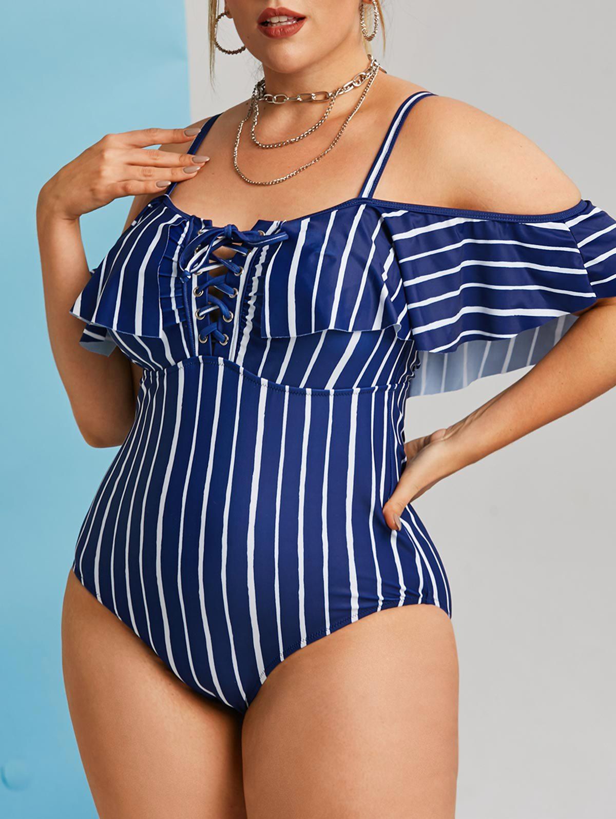 Affordable Plus Size Lace-up Flounce Striped One-piece Swimsuit  