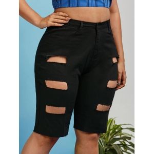 

Plus Size Frayed Ladder Cutout Denim Knee Length Shorts, Black