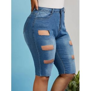 

Plus Size Frayed Ladder Cutout Denim Knee Length Shorts, Blue