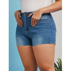 

Pockets Raw Hem Plus Size Denim Shorts, Blue