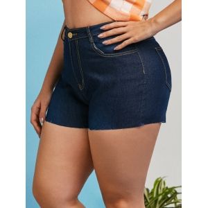 

Pockets Raw Hem Plus Size Denim Shorts, Deep blue