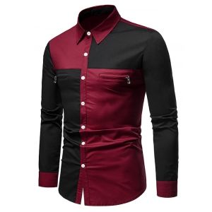 

Contrast Zipper Detail Button Up Shirt, Red wine