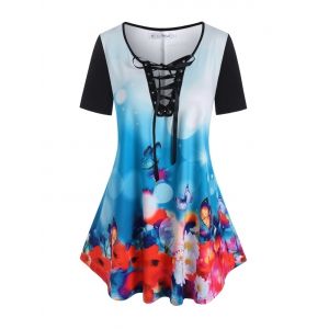 

Plus Size Ombre Butterfly Flower Lace-up Binding Tee, Black