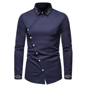 

Button Up Lines Embroidered Asymmetrical Shirt, Cadetblue