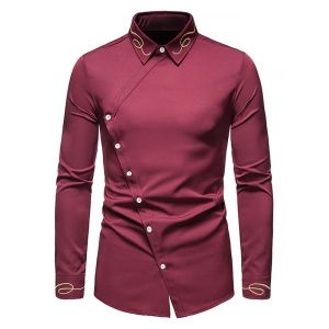 

Button Up Lines Embroidered Asymmetrical Shirt, Red wine