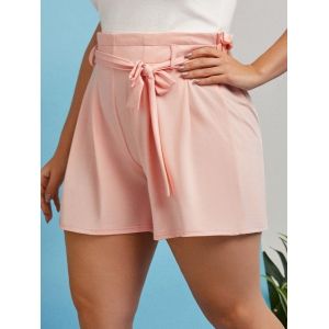 

Plus Size Paperbag Waist Belted Wide Leg Shorts, Light pink