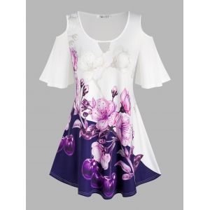 

Plus Size Bell Sleeve Cold Shoulder Floral Print Tee, White