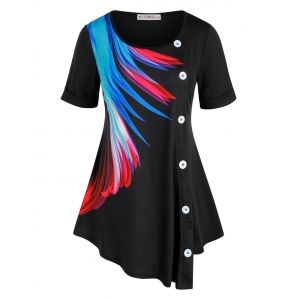 

Plus Size Printed Mock Button Irregular Tee, Black