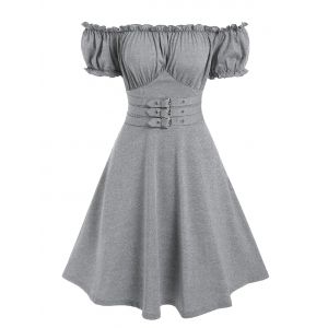 

Off The Shoulder Buckle Strap Ruffle Marled Dress, Gray