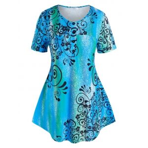 

Plus Size Floral Print Curved Henley Tee, Blue