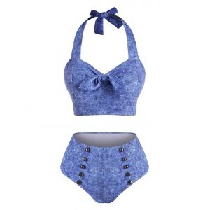 

Knotted Denim Printed Sailor Style Bikini Swimwear, Light blue