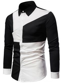 Button Up Long Sleeve Contrast Shirt - BLACK - M