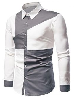 Button Up Long Sleeve Contrast Shirt - WHITE - XL