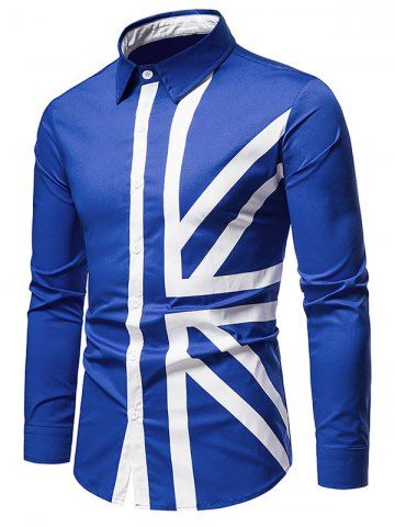 Contrast UK Flag Print Button Up Shirt - BLUE - XXL
