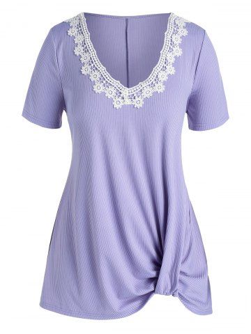 Plus Size Floral Applique Ribbed Ruched Tunic Tee